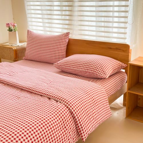 Nsnlgsgc Twin Comforter Set, Red Gingham Bedding Comforter Sets, Red Grid Bed Comforter 2 Pieces (1 Comforter, 1 Pillowcase)