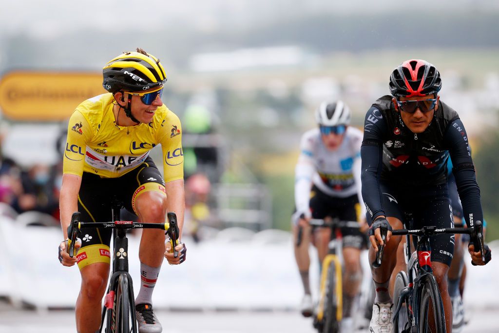 SAINTGAUDENS FRANCE JULY 13 Tadej Pogaar of Slovenia and UAETeam Emirates yellow leader jersey Richard Carapaz of Ecuador and Team INEOS Grenadiers at arrival during the 108th Tour de France 2021 Stage 16 a 169km stage from Pas de la Casa to SaintGaudens LeTour TDF2021 on July 13 2021 in SaintGaudens France Photo by Chris GraythenGetty Images