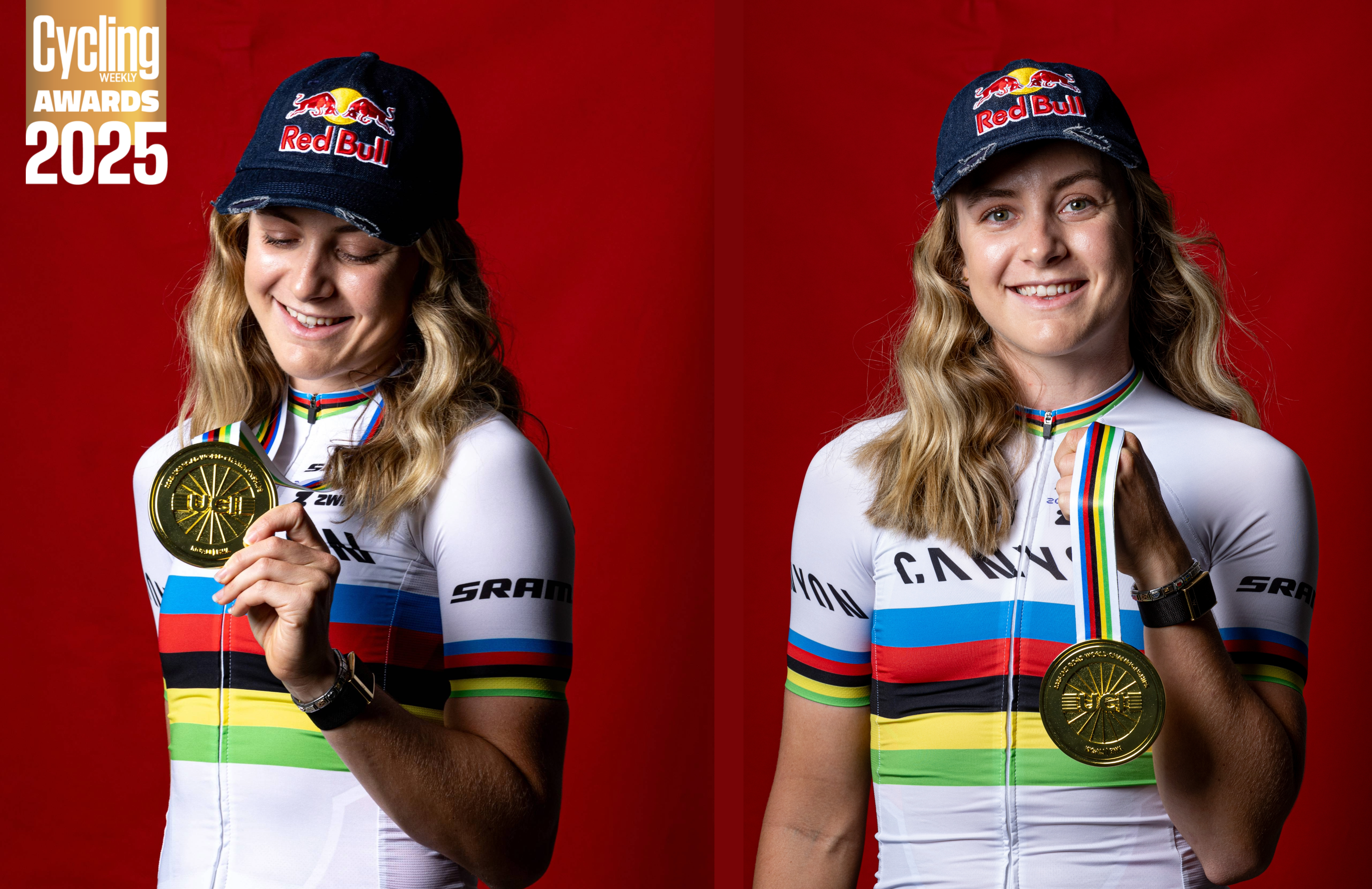 Zoe holds her medal with a red background