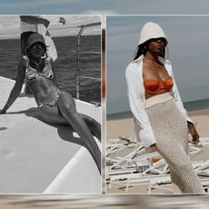 Amy Julliette Lefévre wearing a patterned underwire bikini on a boat and Cortne Bonilla wearing an orange underwire bikini on the beach.