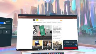 PC virtual monitor on Meta Quest 3 showing Tom's Guide website page and settings menu