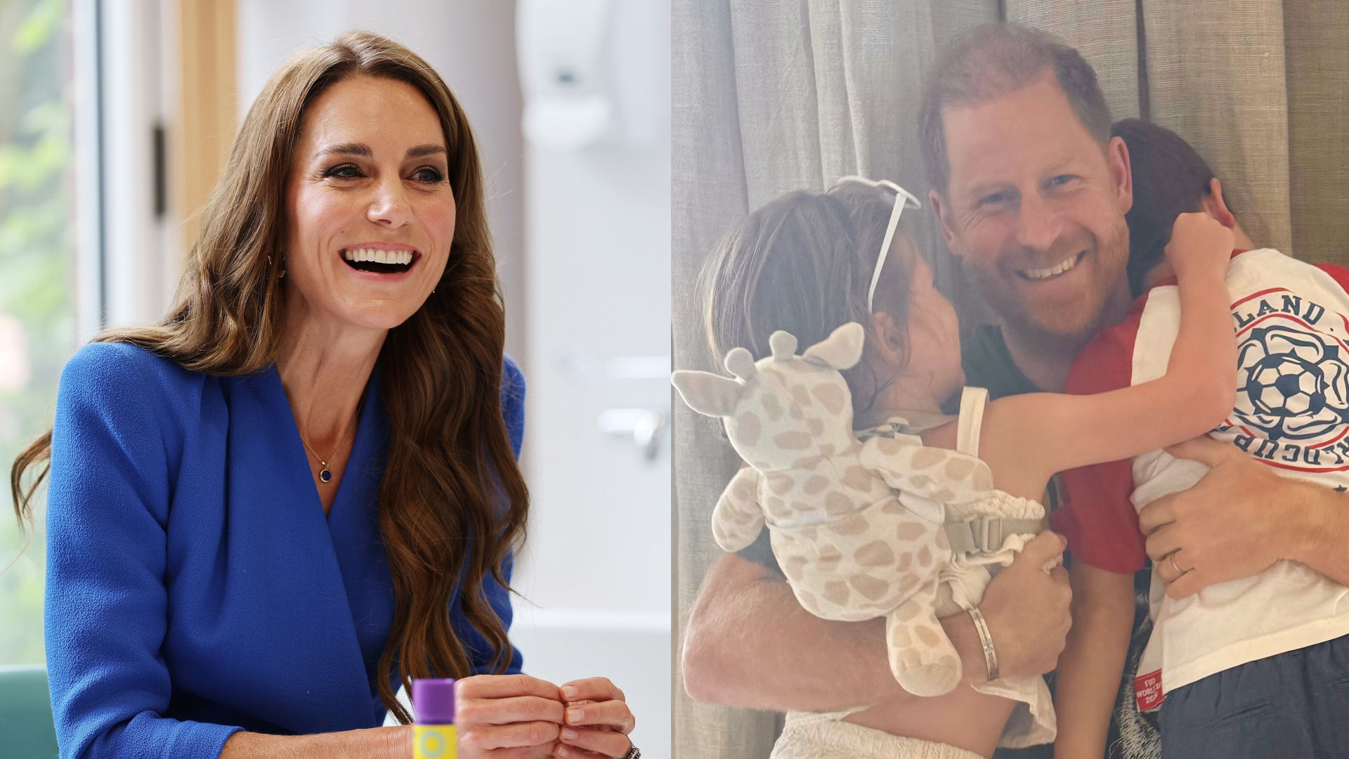 Princess Kate wears a blue wrap dress and has long wavy brown hair