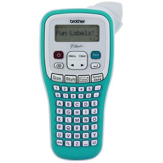 A blue handheld label maker with a digital display screen