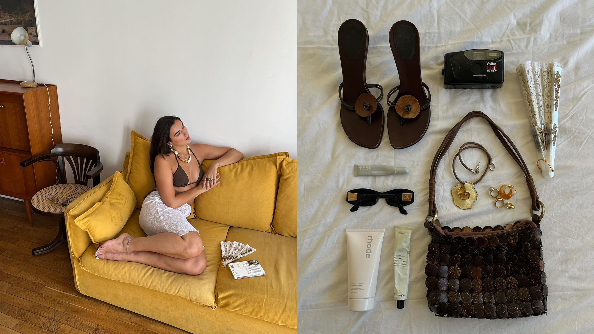 Pauline wears brown bikini with white cover up skirt and necklaces while lounging on a yellow couch.