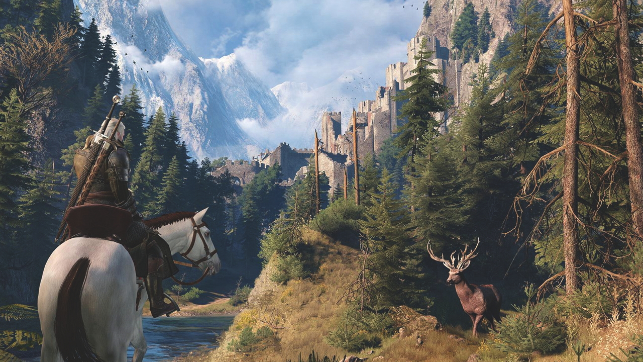 Geralt riding Roach in Rivia in Witcher 3: Wild Hunt, one of our best PS4 games