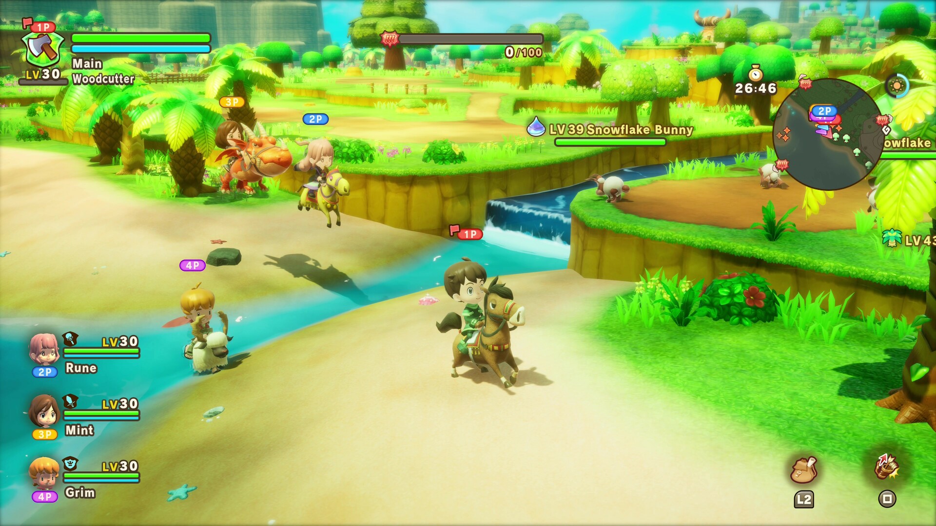 Three players riding mounts around the world in the family friendly RPG, Fantasy Life i: The Girl Who Steals Time