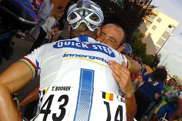 Tom Boonen congratulates Quick Step teammate Paolo Bettini.