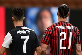 Juventus' Portuguese forward Cristiano Ronaldo and AC Milan's Swedish forward Zlatan Ibrahimovic stand next to one another during the Italian Serie A football match AC Milan vs Juventus played behind closed doors on July 7, 2020 at the San Siro stadium in Milan, as the country eases its lockdown aimed at curbing the spread of the COVID-19 infection, caused by the novel coronavirus.