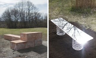 The photo to the left shows huge bricks stacked in an L shape that serve as a sitting place at the park. The photo to the right shows a metal bench that has spiral legs.