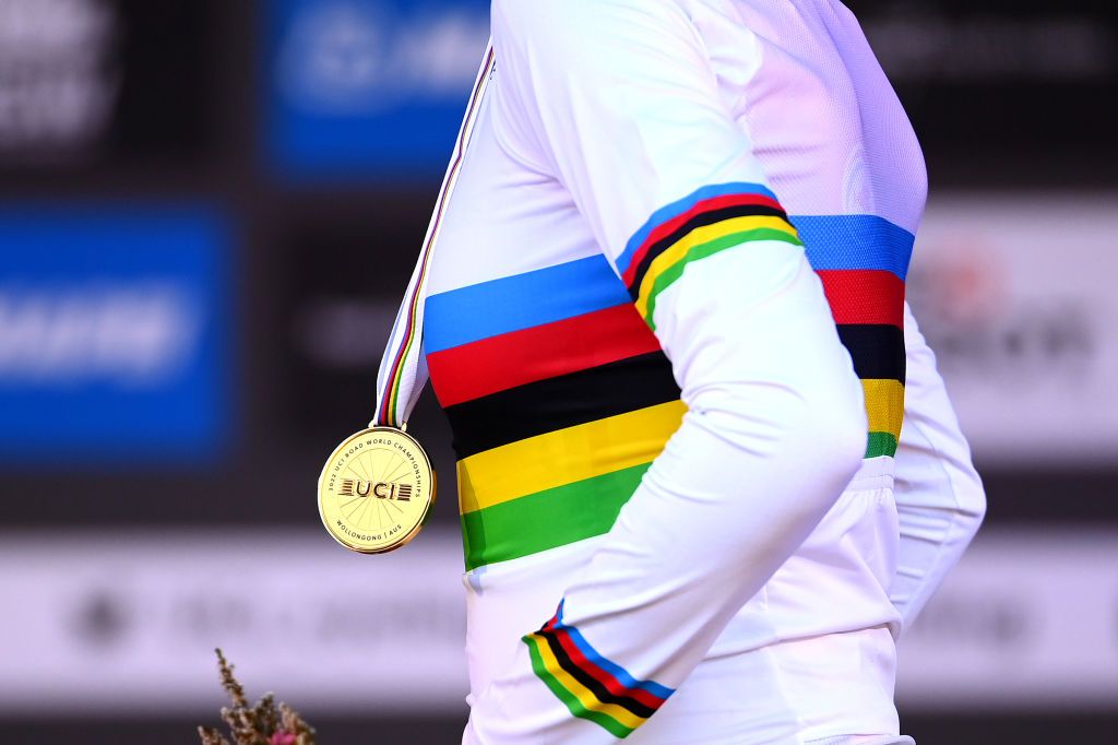 WOLLONGONG AUSTRALIA SEPTEMBER 18 Detail view of gold medalist Ellen Van Dijk of The Netherlands celebrating during the medal ceremony after the 95th UCI Road World Championships 2022 Women Individual Time Trial a 342km individual time trial race from Wollongong to Wollongong Wollongong2022 on September 18 2022 in Wollongong Australia Photo by Tim de WaeleGetty Images