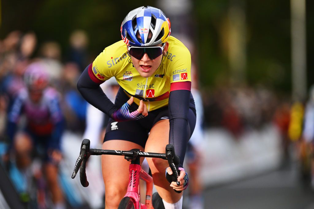 EDE NETHERLANDS OCTOBER 11 Zoe Backstedt of The United Kingdom and Team CanyonSRAM Racing Yellow leader jersey crosses the finish line during the 26th Simac Ladies Tour 2024 Stage 4 a 1182km stage from Ede to Ede UCIWWT on October 11 2024 in Ede Netherlands Photo by Luc ClaessenGetty Images