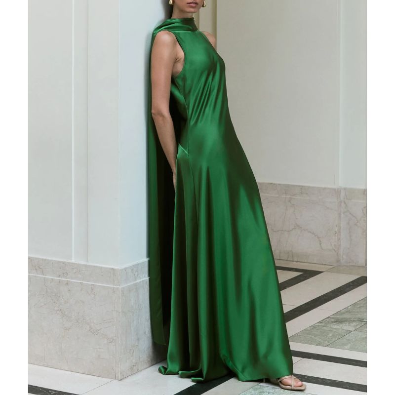 Satin Cape Maxi Dress in Green on model 