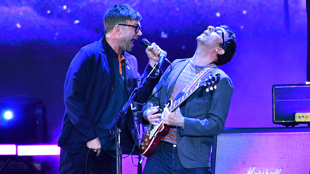 Damon Albarn and Graham Coxon of Blur perform at Wembley Stadium on July 08, 2023 in London, England