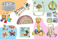 Collage showing the best toys for 6-12 month olds