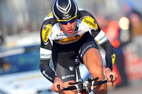 A Topsport Vlaanderen - Mercator rider in action during the prologue.