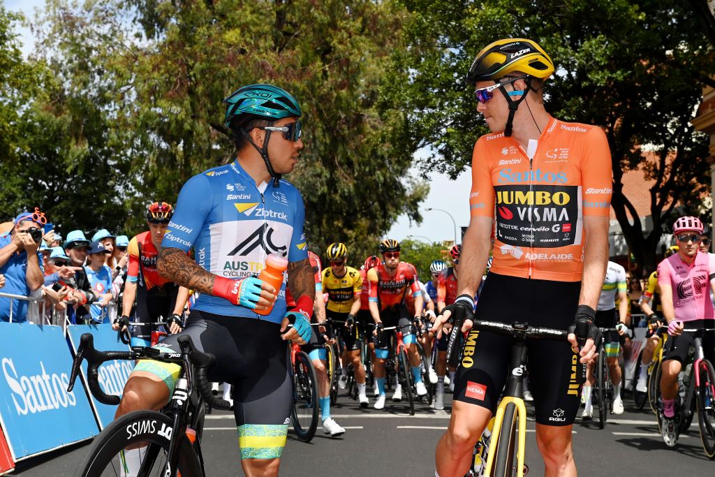 NORWOOD AUSTRALIA JANUARY 20 LR Caleb Ewan of Australia and Australian National Team Blue Sprint Jersey and Rohan Dennis of Australia and Team JumboVisma Orange Leader Jersey prior to 23rd Santos Tour Down Under 2023 Stage 3 a 1168km stage from Norwood to Campbelltown TourDownUnder WorldTour on January 20 2023 in Norwood Australia Photo by Tim de WaeleGetty Images