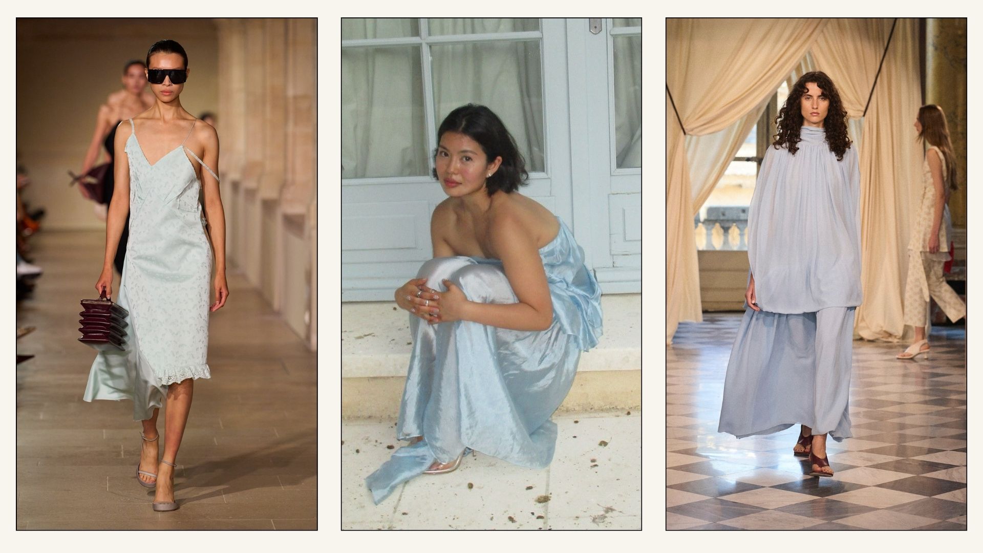 Collage of influencers and models wearing the icy blue colour trend.