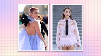 Florence Pugh and Emma Chamberlain pictured at the Valentino Haute Couture Fall/Winter 2023/2024 show as part of Paris Fashion Week at Chateau de Chantilly on July 05, 2023 in Chantilly, France. Florence (L) wears a blue sheer, tulle dress while Emma, (R) wears a pink sheer top and pink fluffy mini skirt/ in a pink, purple and cream template