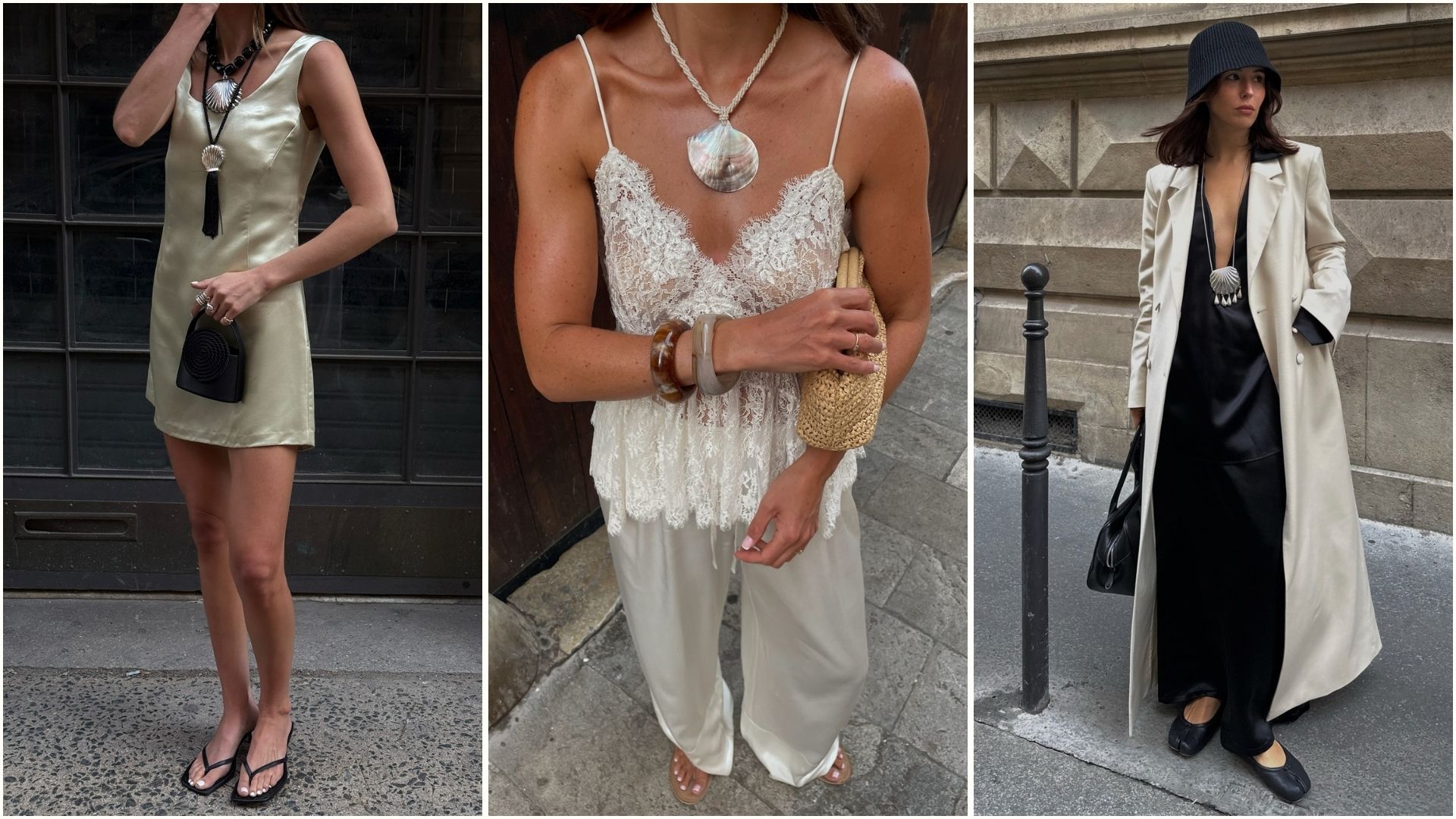 A collage of chic tastemakers wearing the shell jewellery trend.