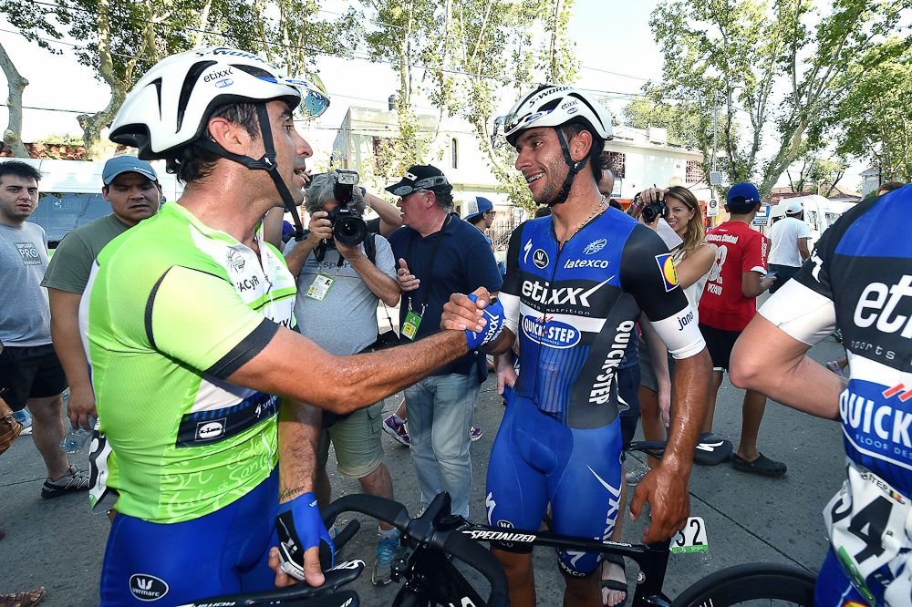 Max Richeze congratulates Fernando Gaviria after the stage 2 win.