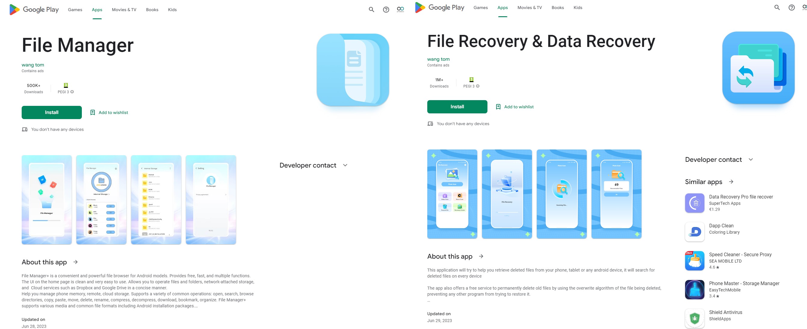 Screenshots of the File Manager and File Recovery and Data Recovery apps in the Google Play Store