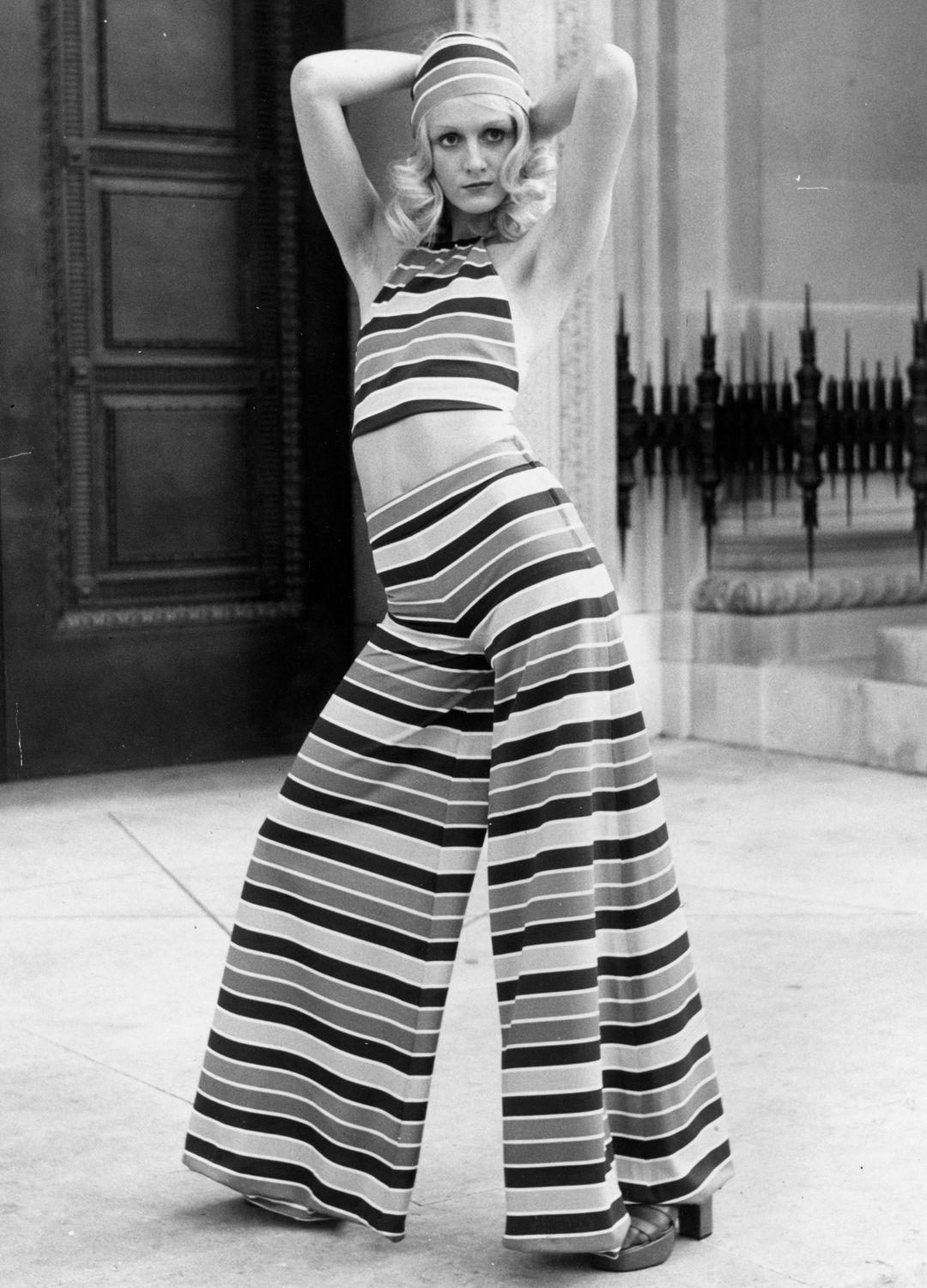 Model Lorain modelling a Lollipop, Deckchair-Striped Halter top and trousers from the Mary Quant Springwear Collection