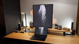 LG DualUp in a home office in portrait (vertical) position