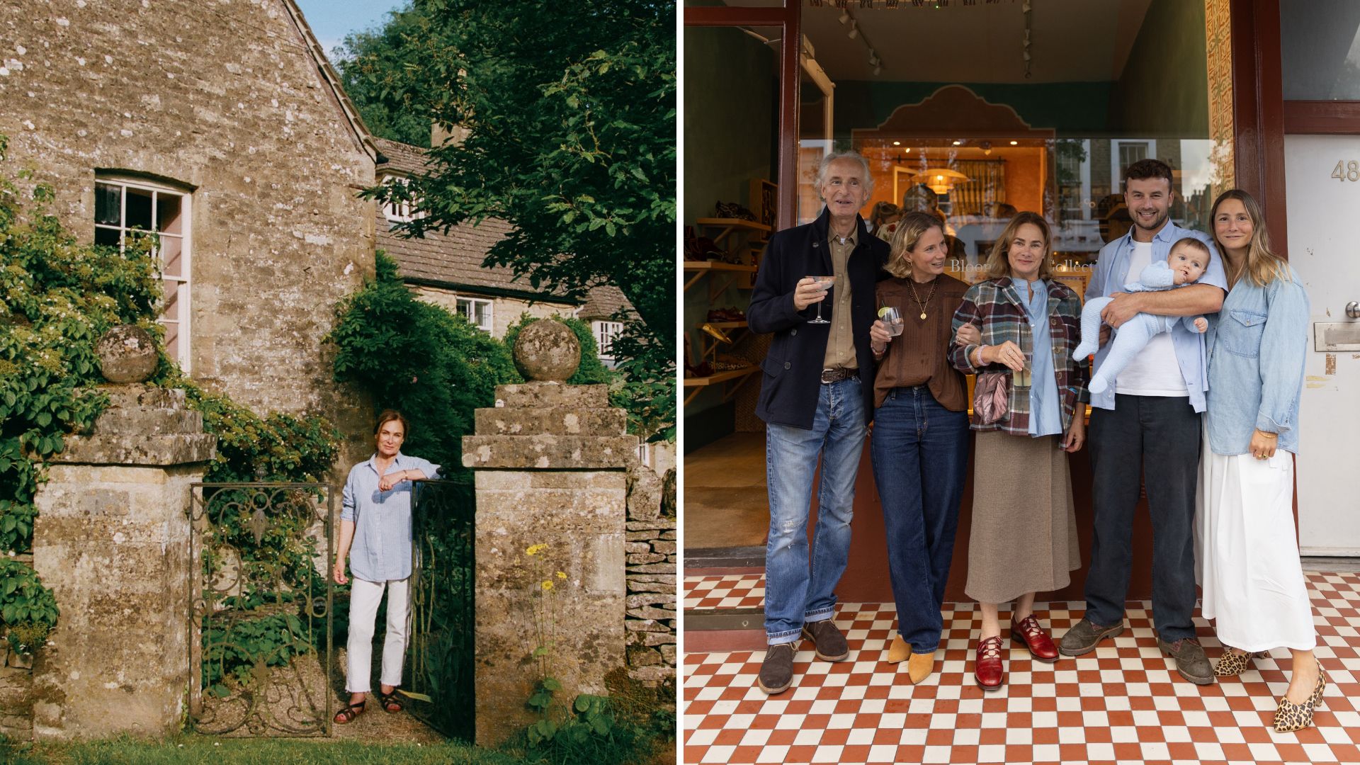 Penelope Chilvers in her Cotswolds garden and with her family outside a restaurant