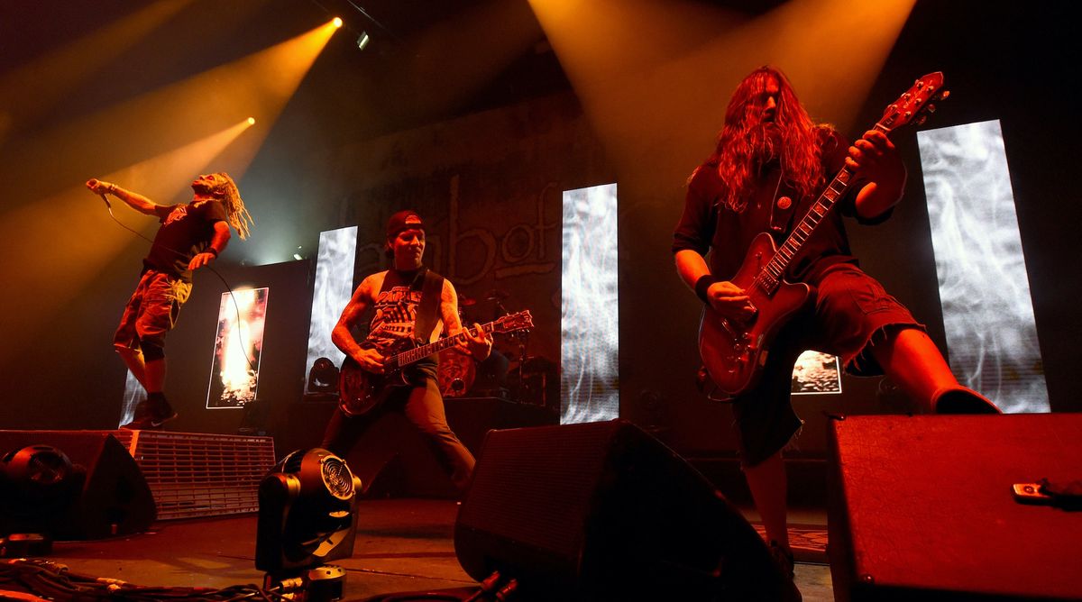 (from left) Randy Blythe, Willie Adler and Mark Morton of Lamb of God perform at The Joint inside the Hard Rock Hotel &amp; Casino on August 4, 2017 in Las Vegas, Nevada