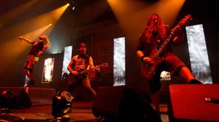 (from left) Randy Blythe, Willie Adler and Mark Morton of Lamb of God perform at The Joint inside the Hard Rock Hotel & Casino on August 4, 2017 in Las Vegas, Nevada