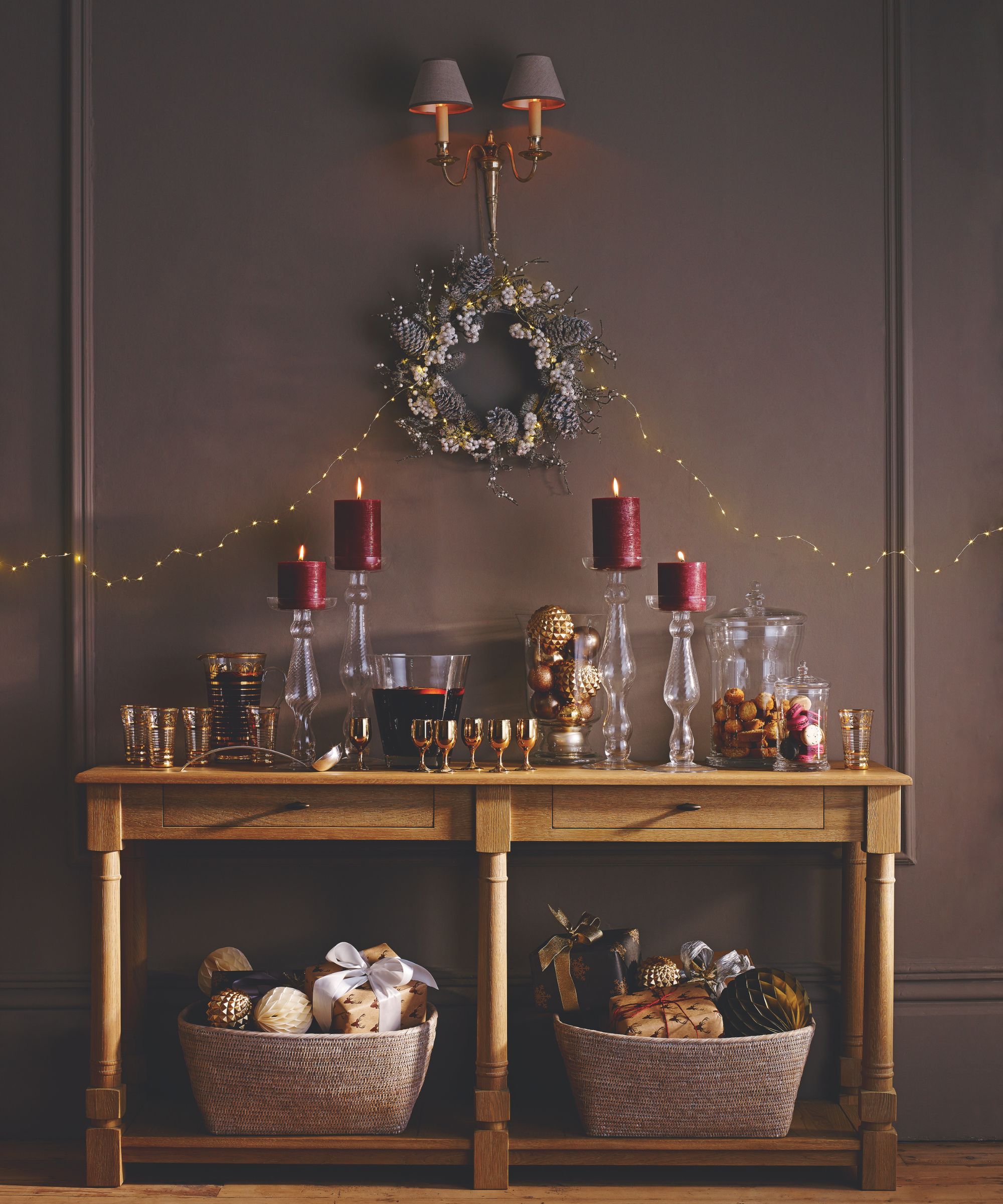 Christmas console table with decorations