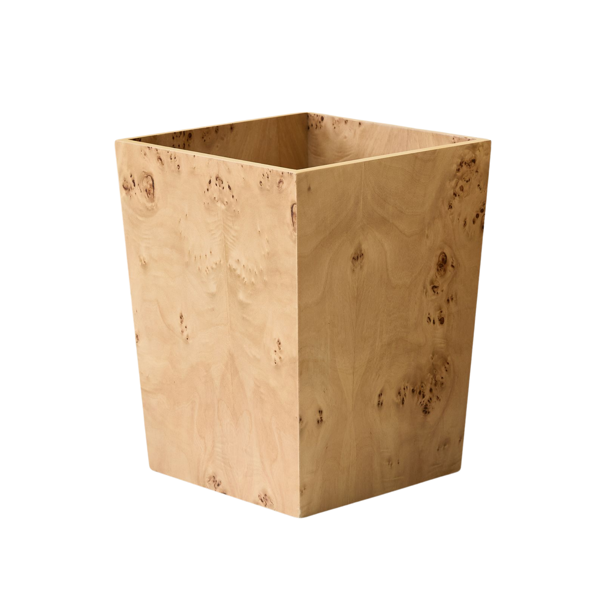 a burl wood trash can