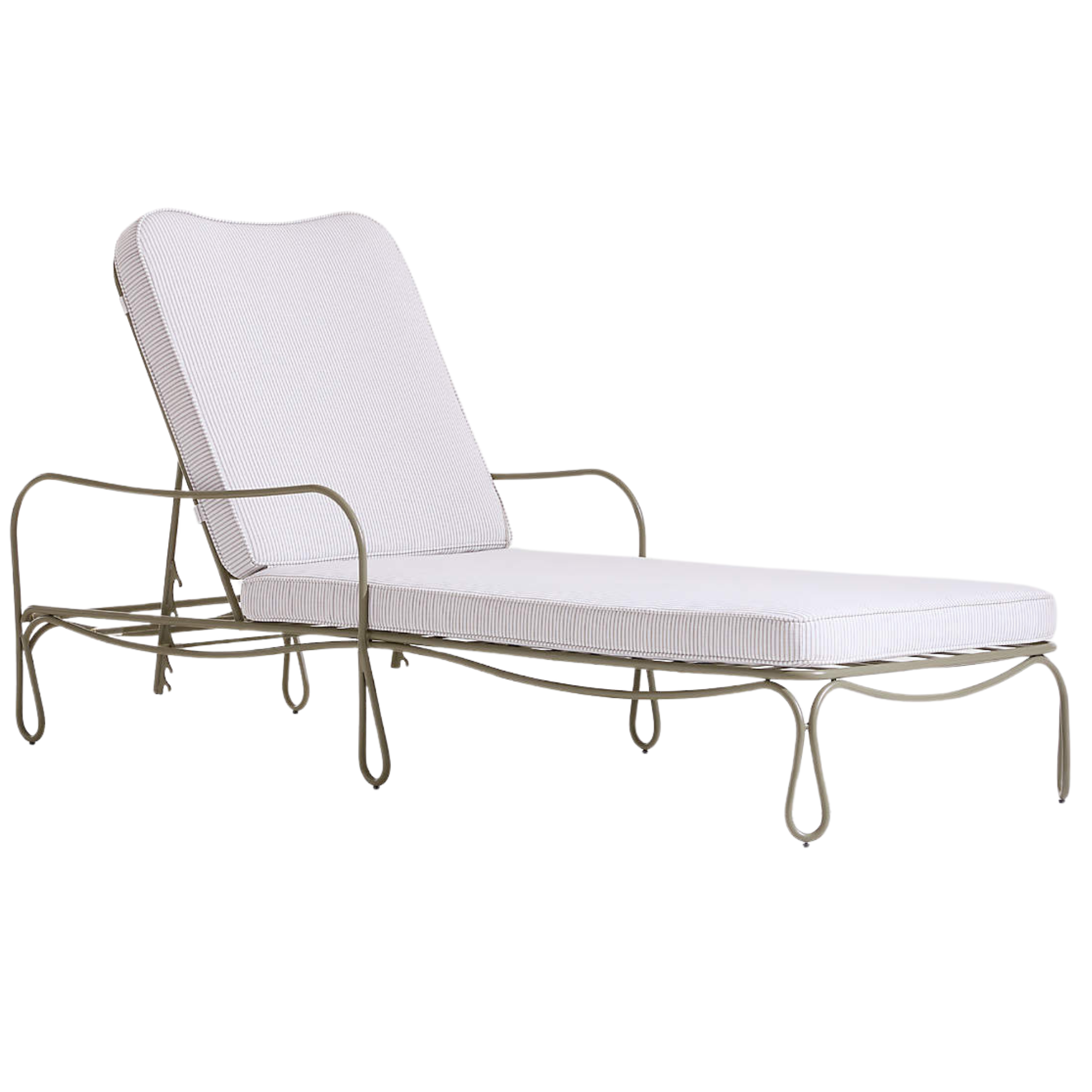 outdoor lounge chair with a white seat cushion and a whimsical metal frame