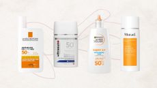Collage of 4 of the best sunscreens for sensitive skin from (left to right) La Roche-Posay, Ultrasun, Garnier and Murad, set against an off-white background with a dusky pink single line illustration