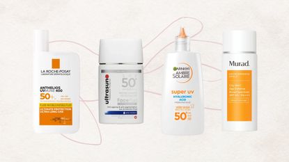 Collage of 4 of the best sunscreens for sensitive skin from (left to right) La Roche-Posay, Ultrasun, Garnier and Murad, set against an off-white background with a dusky pink single line illustration
