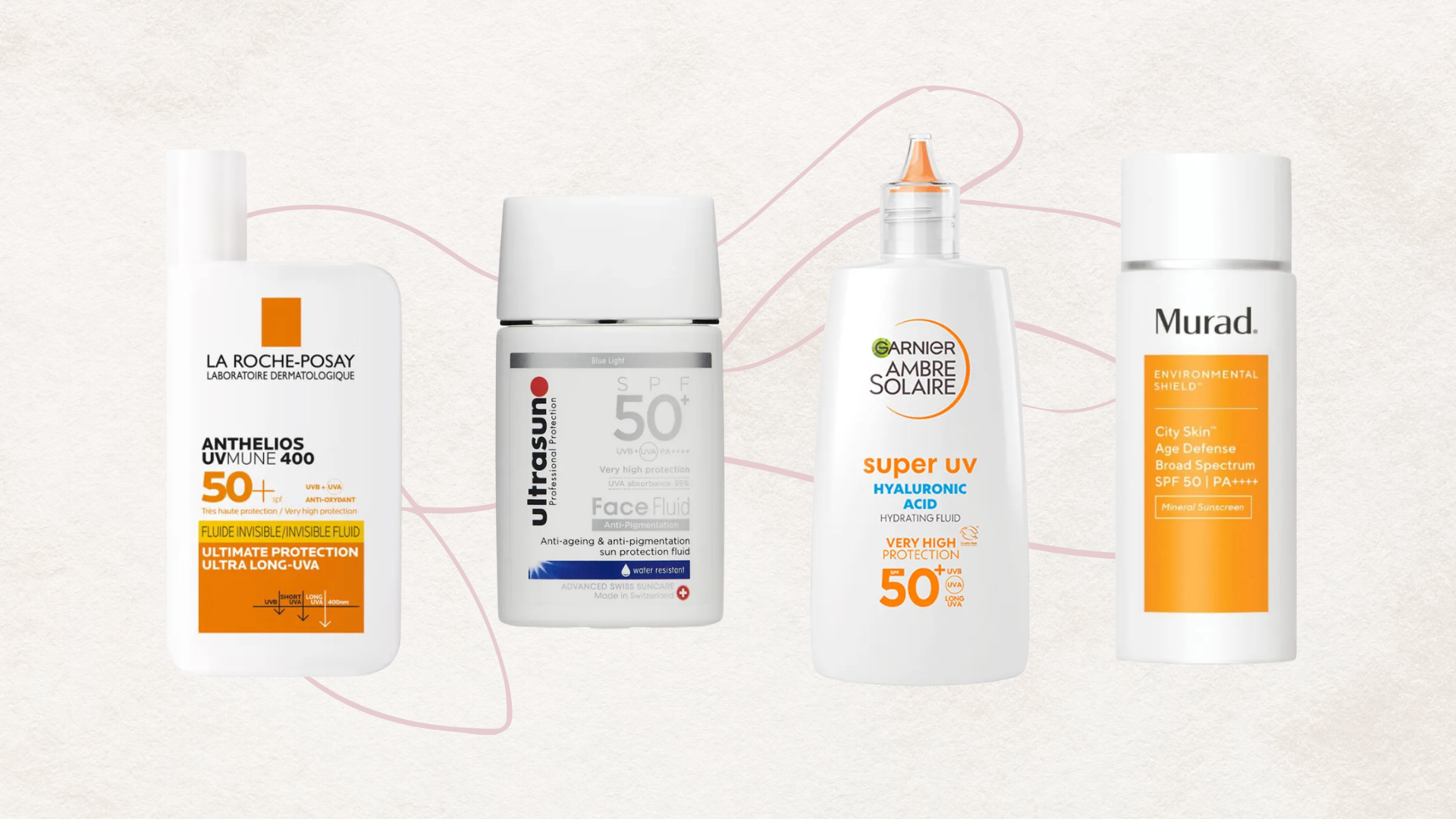 Collage of 4 of the best sunscreens for sensitive skin from (left to right) La Roche-Posay, Ultrasun, Garnier and Murad, set against an off-white background with a dusky pink single line illustration