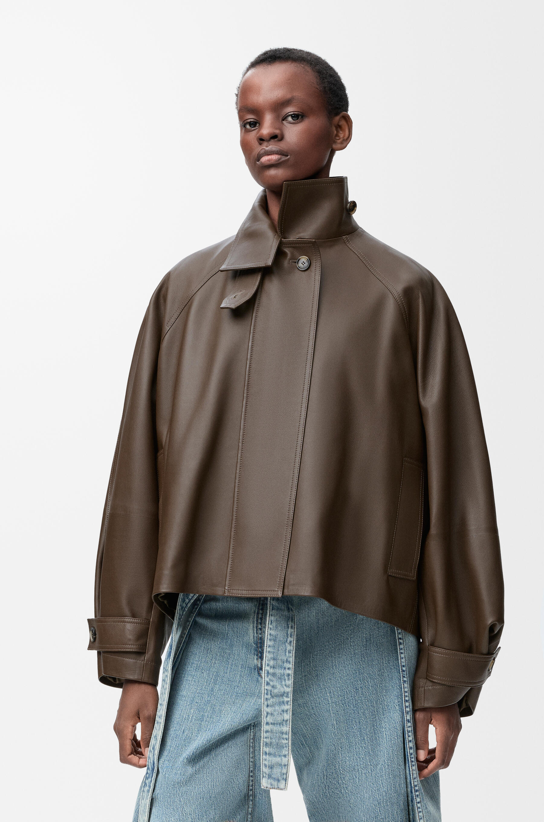 A Loewe funnel neck leather jacket.