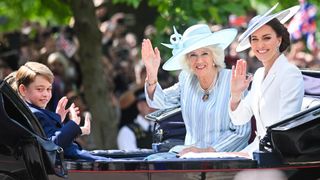 Prince George of Cambridge, Camilla, Duchess of Cornwall and Catherine, Duchess of Cambridge travel by carriage at Trooping the Colour