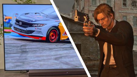 Image of LG C1 and shot of Leon Kennedy from Resident Evil 9 Requiem holding Requiem weapon