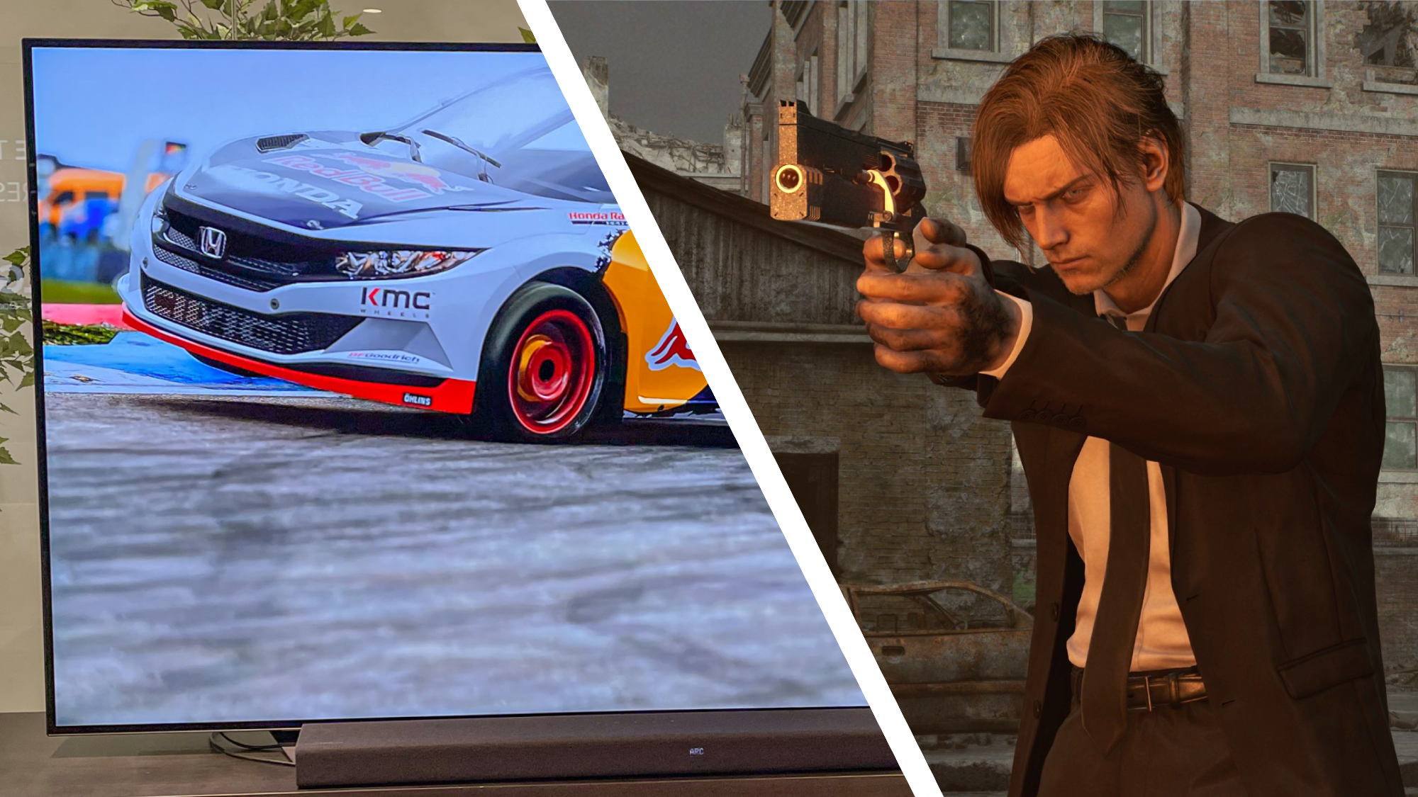 Image of LG C1 and shot of Leon Kennedy from Resident Evil 9 Requiem holding Requiem weapon 