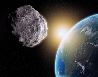 An artistic depiction shows a huge asteroid about to slam into Earth.