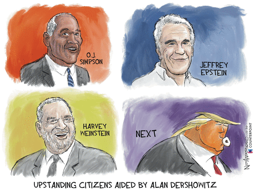 Political Cartoon U.S. Trump impeachment defense Alan Dershowitz