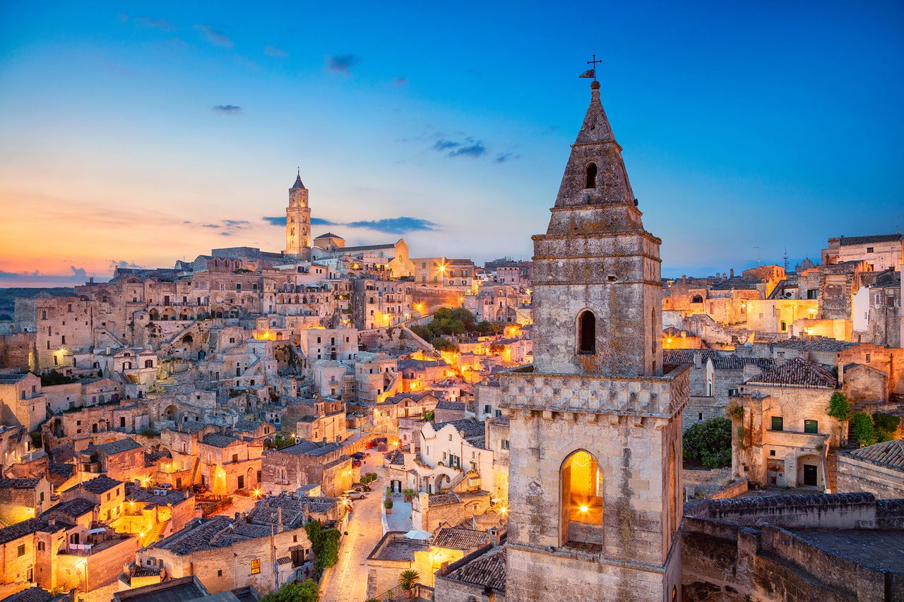 Hilltop town of Matera Italy with UNESCO heritage caves