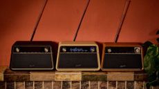 The Roberts Reva DAB+/FM radio in three different finishes in front of a terracotta wall and on what looks like a small brick wall