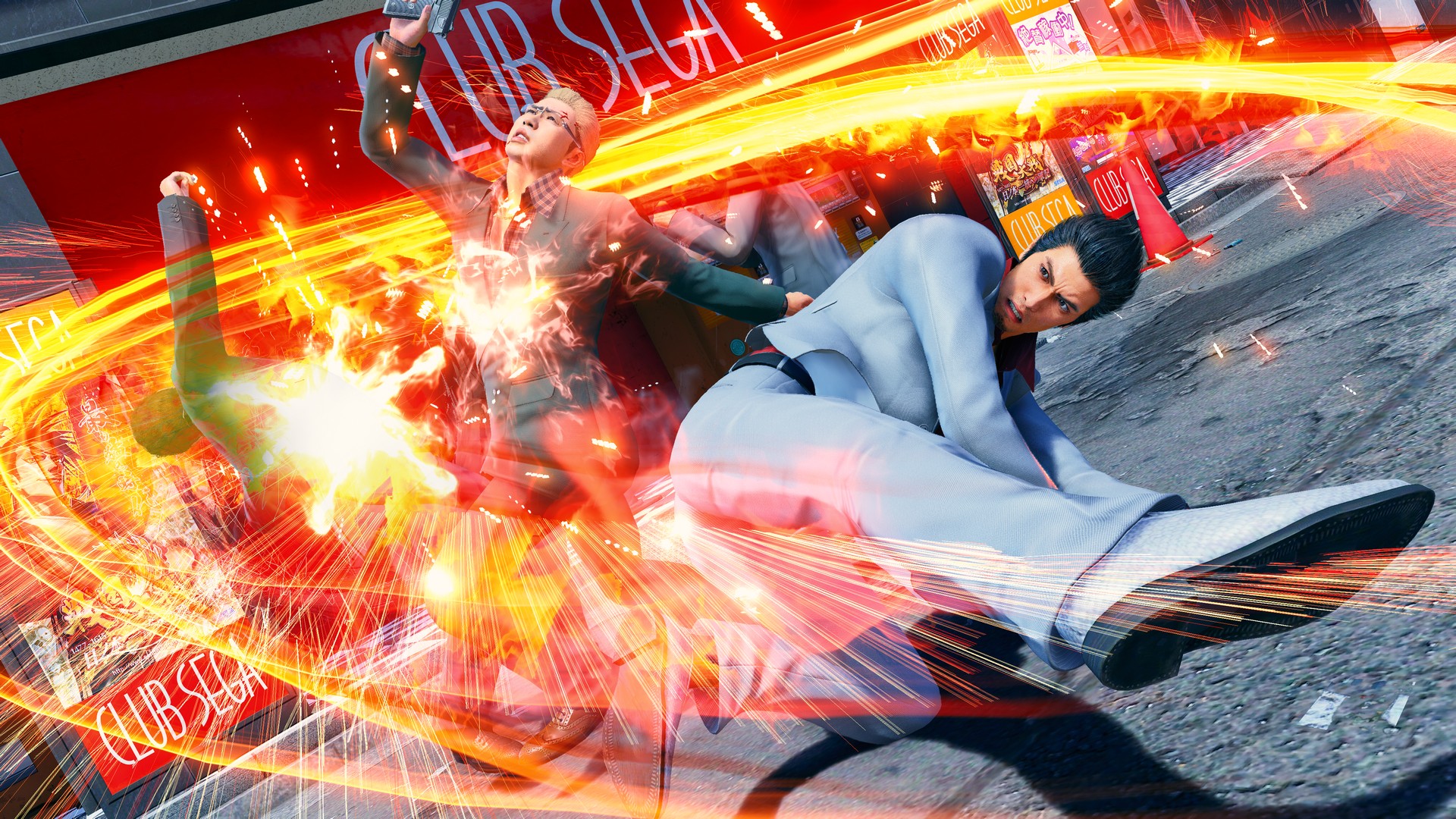 Kazuma Kiryu batters enemies in the streets using his classic dragon style combos in Yakuza Kiwami 3 &amp;amp; Dark Ties