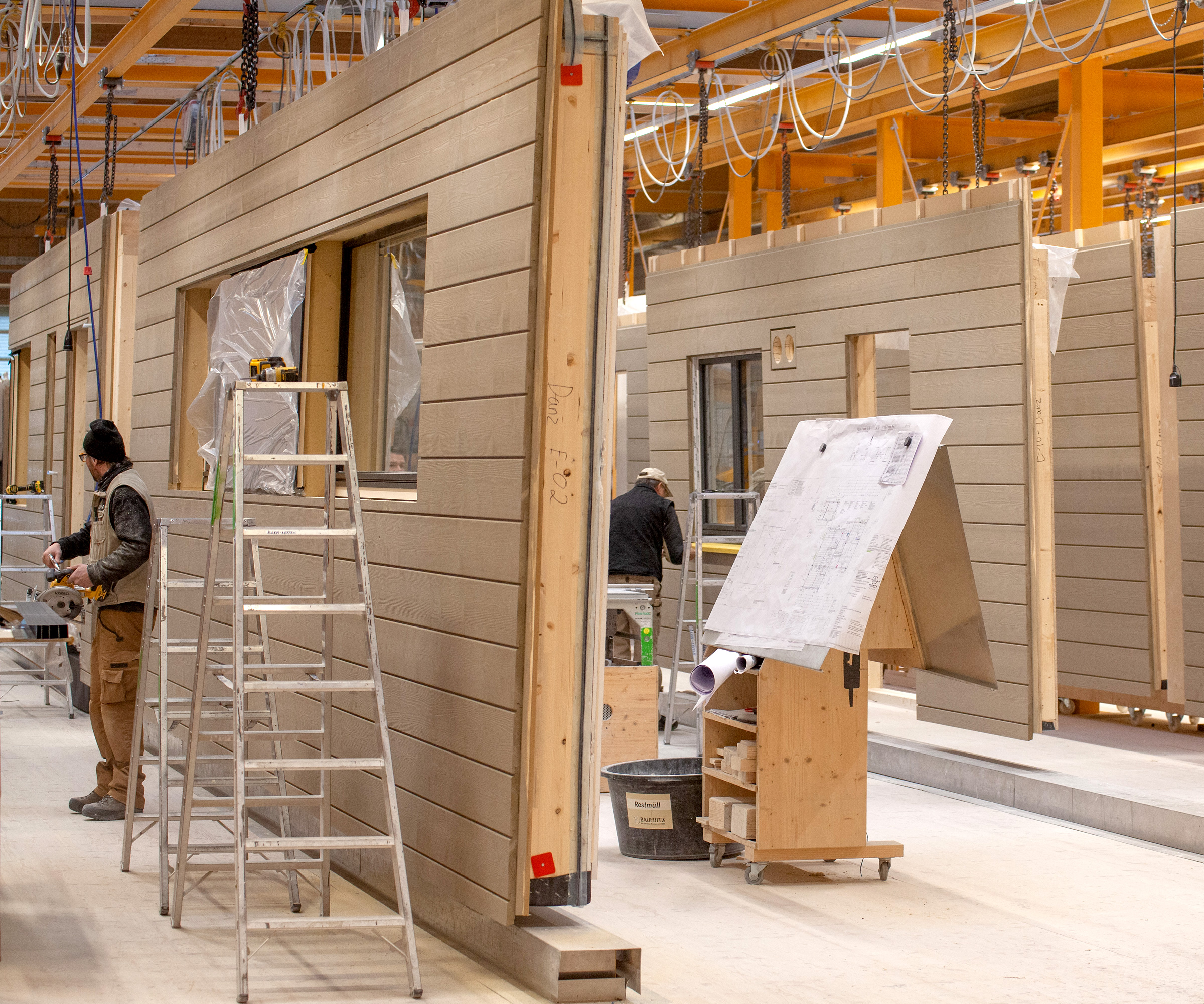 Inside the Baufritz factory with pre-assembled components in wood