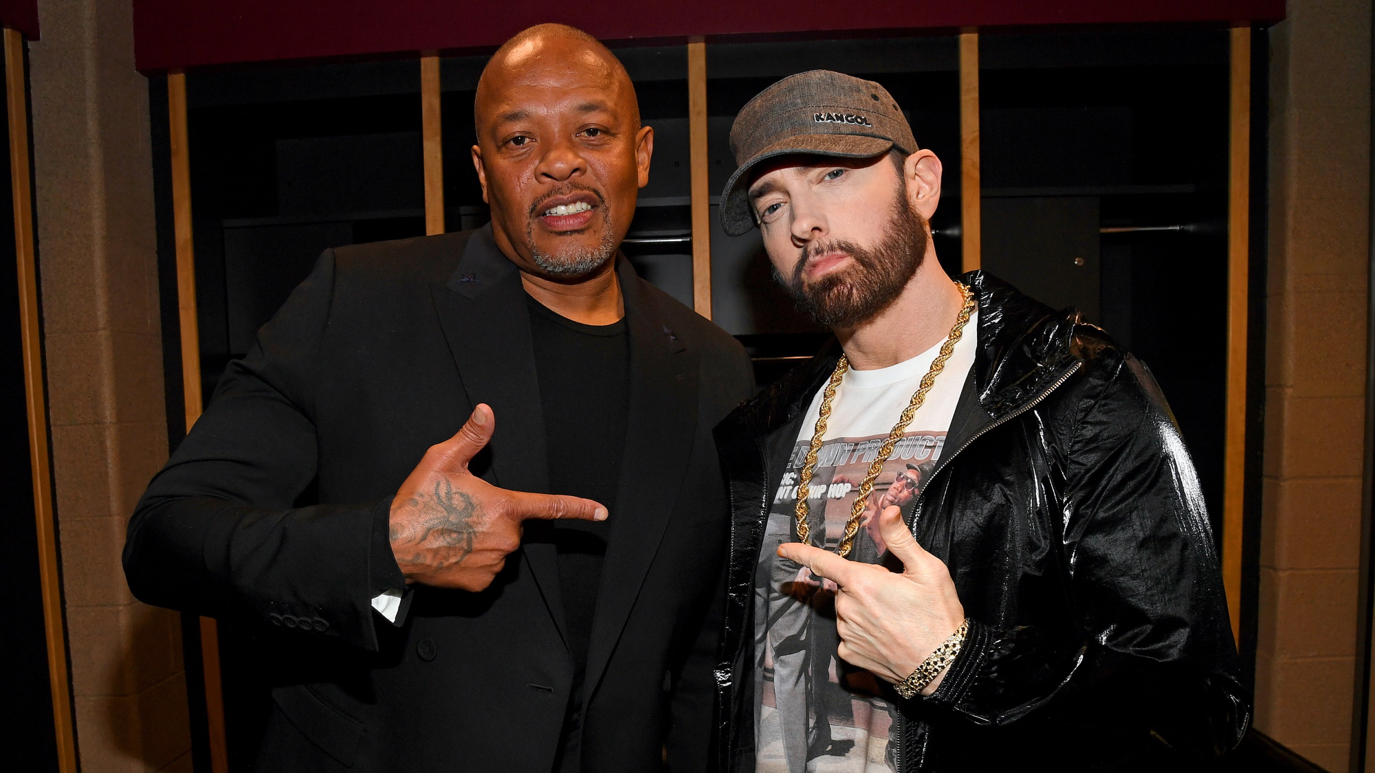 Dr. Dre and Eminem pose backstage during the 36th Annual Rock & Roll Hall Of Fame Induction Ceremony