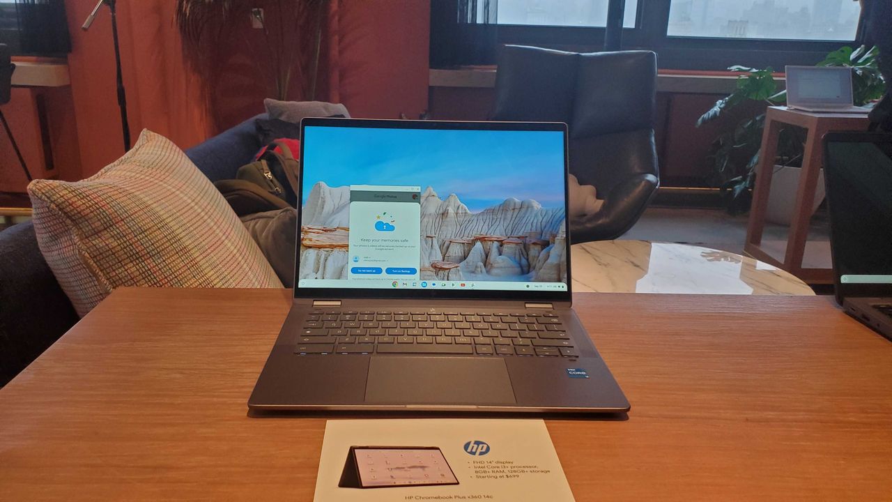 Chromebook Plus laptop on wooden table