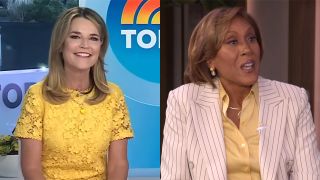 A screenshot of Savannah Guthrie on her return to the Today desk and Robin Roberts talking about GMA. Both are wearing yellow tops.