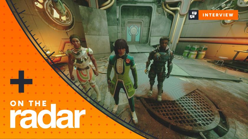 The Outer Worlds 2 screenshot showing the protagonist in a green suit with a bow tie standing with companions Inez and Niles. The GamesRadar+ On the Rader interview banner is overlayed on top